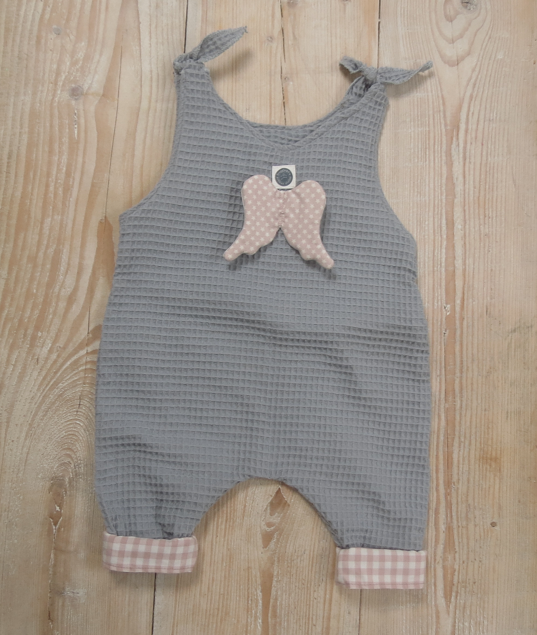 Grow With Me Baby Dungarees in OEKO TEX Waffle with Pink Angel Wings