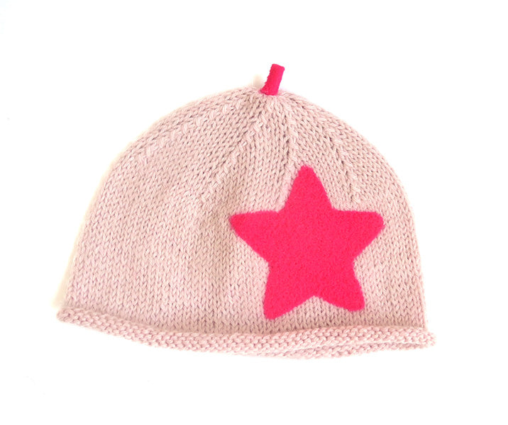 Beanie Hat - Pale Pink with Cerise Pink Star and Sprout