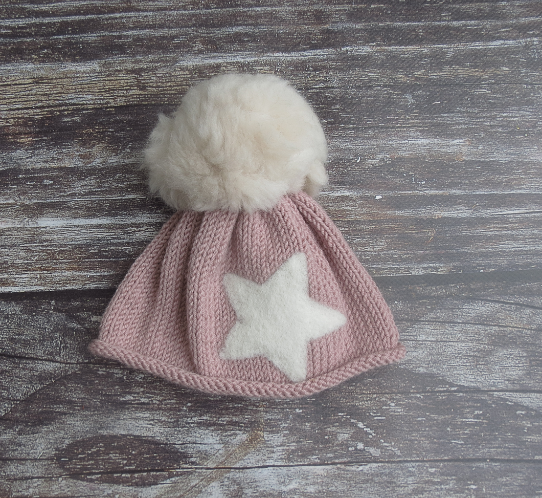 Baby Beanie with Oversize Wool PomPom and Felt Star - Dusty Pink & Oyster