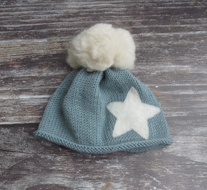 Baby Beanie with Oversize Wool PomPom and Felt Star - Sage Green and Oyster