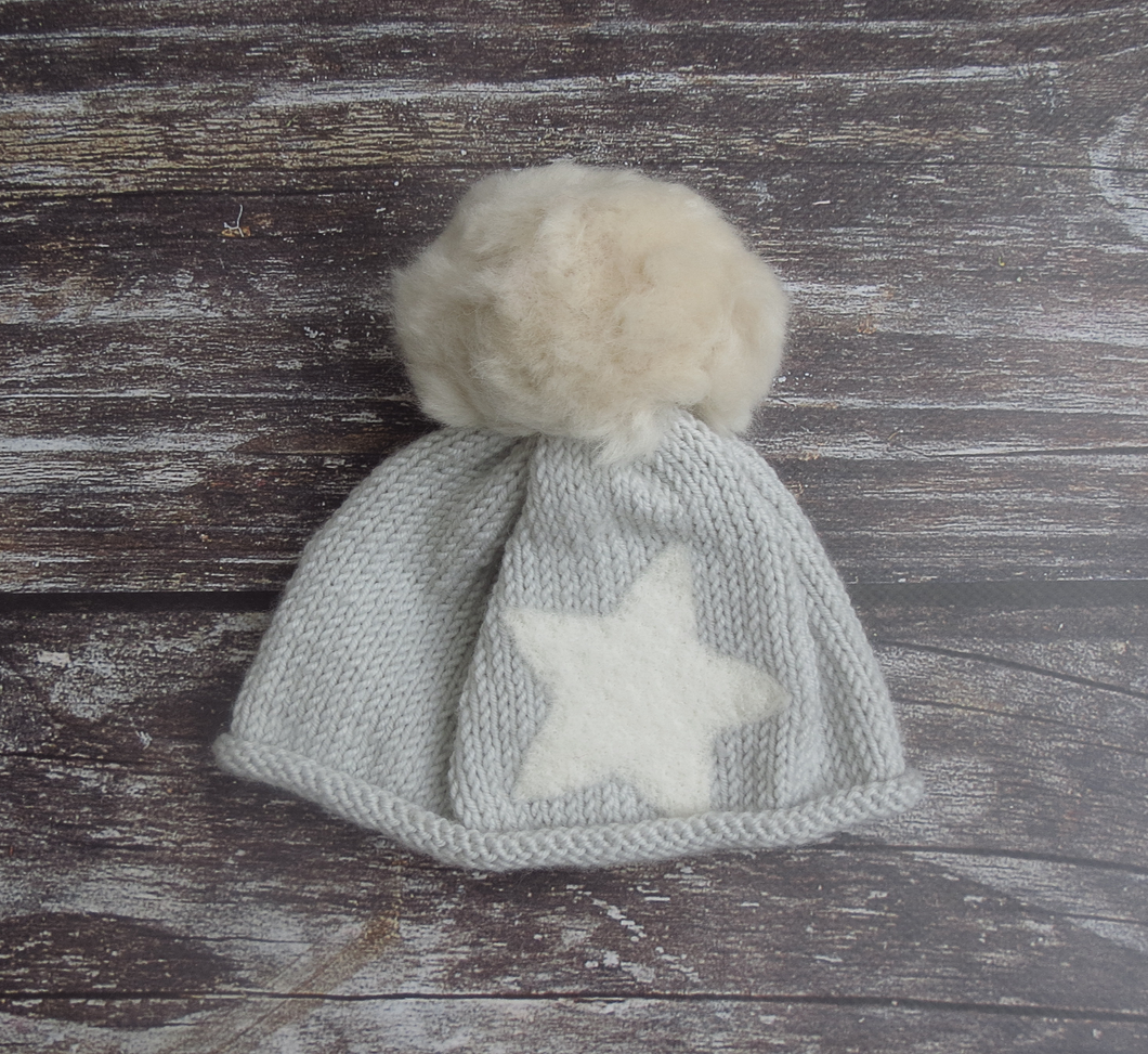 Baby Beanie with Oversize Wool PomPom and Felt Star - Silver Grey and Oyster